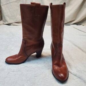 Vintage Frye Tan Leather Fiona Studded Western Boho Pull on Mid Calf Heel Boot 8
